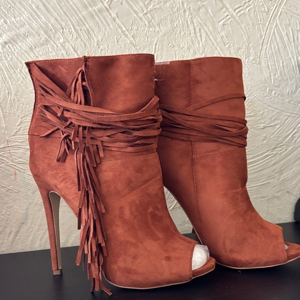 JustFab Rust Fringe Heeled Booties
